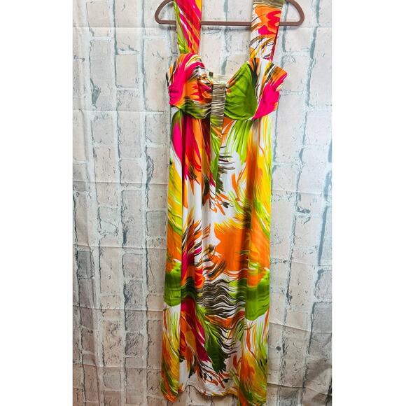 ATTITUDES by RENEE Women Round Neck Maxi MultiColor Abstract Floral Dress Size L - Picture 2 of 10